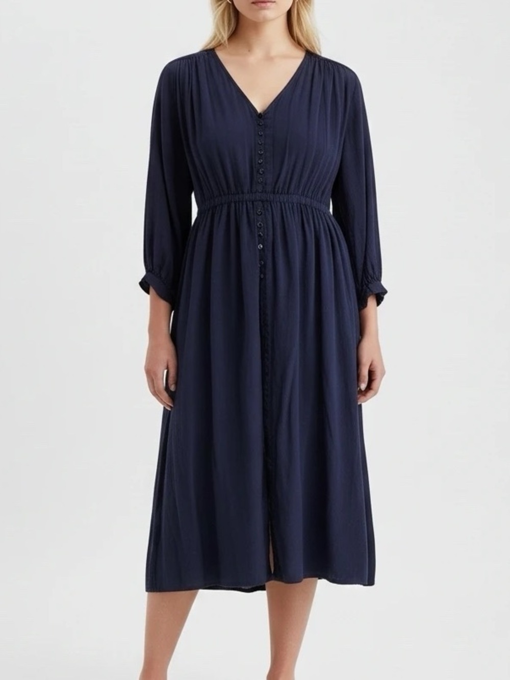 Knot Sisters Navy Blue Button Front Midi Dress
